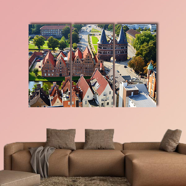 Aerial view of Salzspeicher and Holstentor Gate in Lubeck, wall art