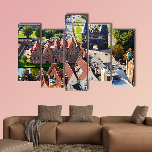 Aerial view of Salzspeicher and Holstentor Gate in Lubeck, wall art