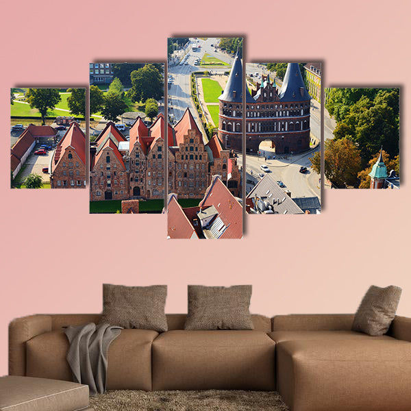 Aerial view of Salzspeicher and Holstentor Gate in Lubeck, wall art