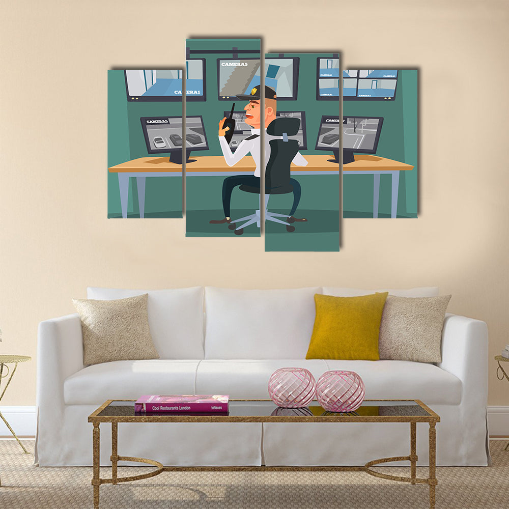Security guard character watching cameras Multi panel canvas wall art