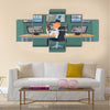 Security guard character watching cameras Multi panel canvas wall art