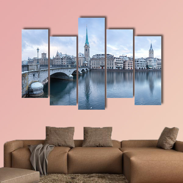 Winter landscape of Zurich with lake, Switzerland Multi panel canvas wall art