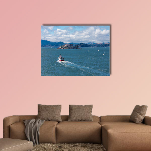 Red and White Ferry toward Alcatraz Prison multi panel canvas wall art