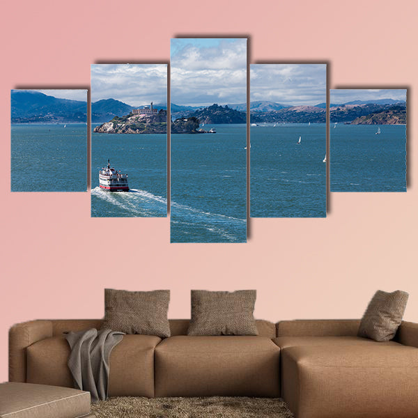 Red and White Ferry toward Alcatraz Prison multi panel canvas wall art