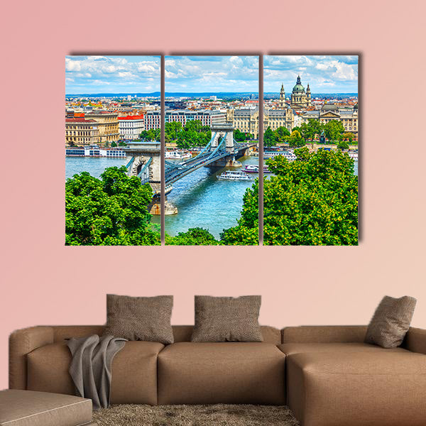 Chain bridge on Danube River in Budapest city, Hungary multi panel canvas wall art