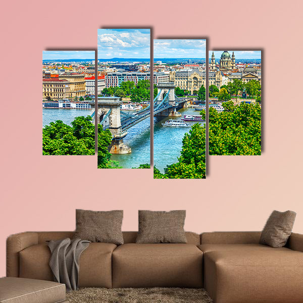 Chain bridge on Danube River in Budapest city, Hungary multi panel canvas wall art