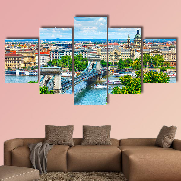 Chain bridge on Danube River in Budapest city, Hungary multi panel canvas wall art