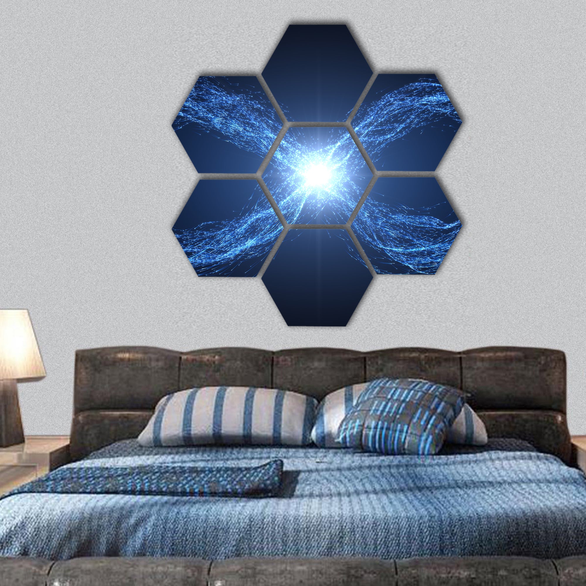 Loop of moving energy particles hexagonal canvas wall art