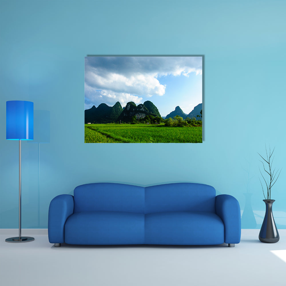 Karsts mountains and rural scenery in summer multi panel canvas wall art