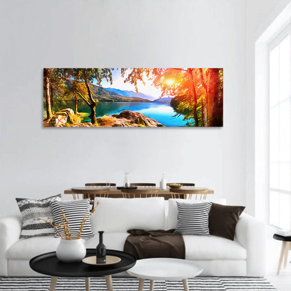 Style of watercolor painting Mountain lake bet Panoramic canvas Wall Art