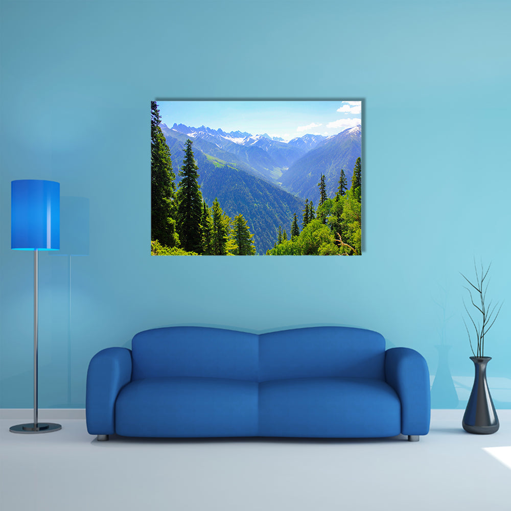 view of Mountain valley covered pine forest multi panel canvas wall art