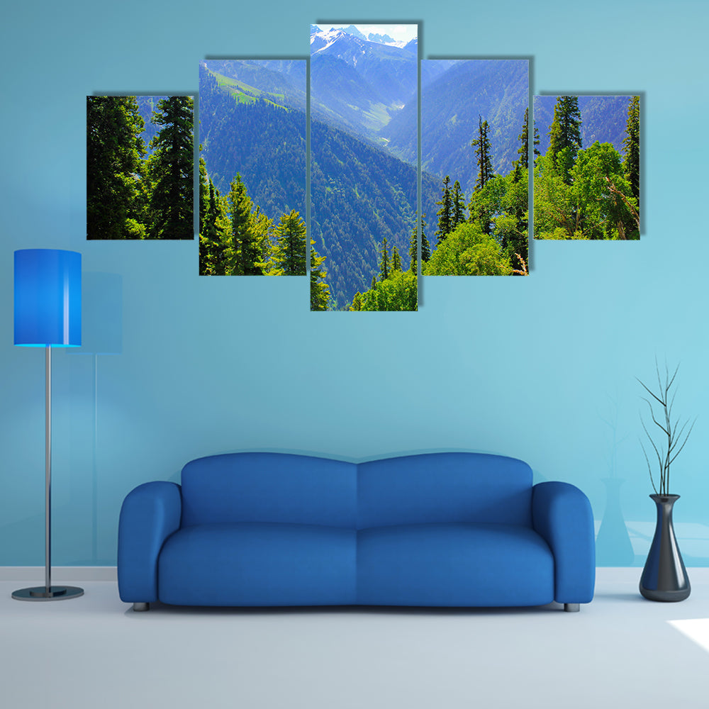 view of Mountain valley covered pine forest multi panel canvas wall art