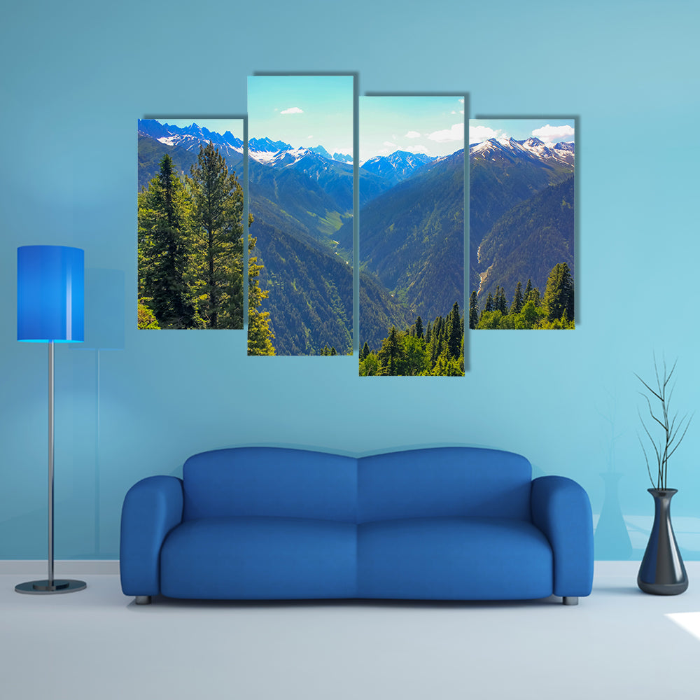 The most beautiful mountain valley covered pine forest multi panel canvas wall art