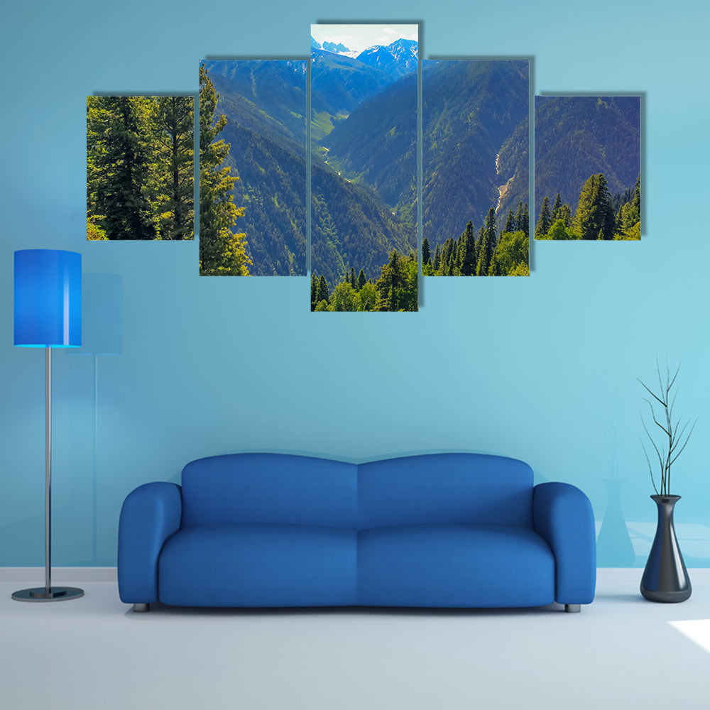 The most beautiful mountain valley covered pine forest multi panel canvas wall art
