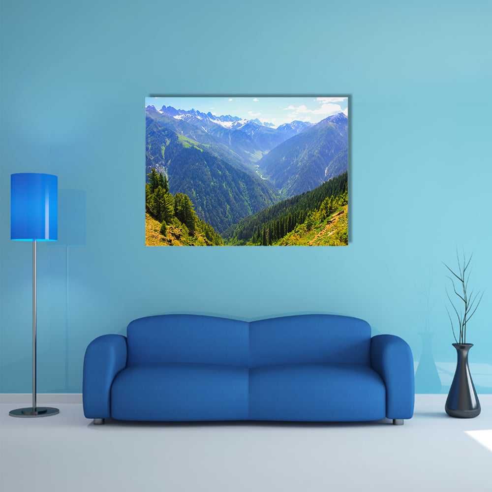 beautiful view of mountain valley covered pine forest multi panel canvas wall art