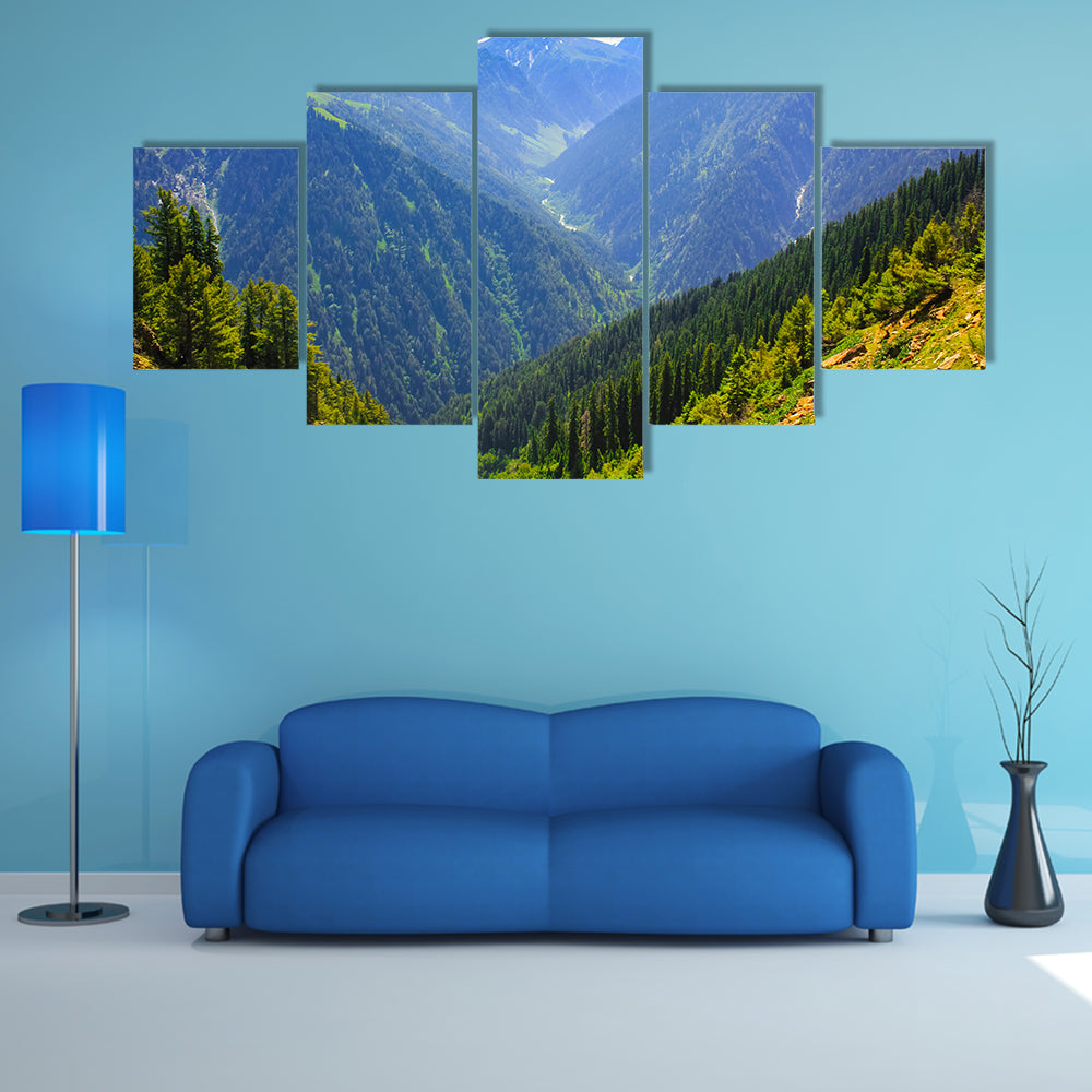 beautiful view of mountain valley covered pine forest multi panel canvas wall art