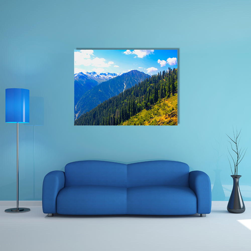 A beautiful view of Mountain valley covered pine forest multi panel canvas wall art
