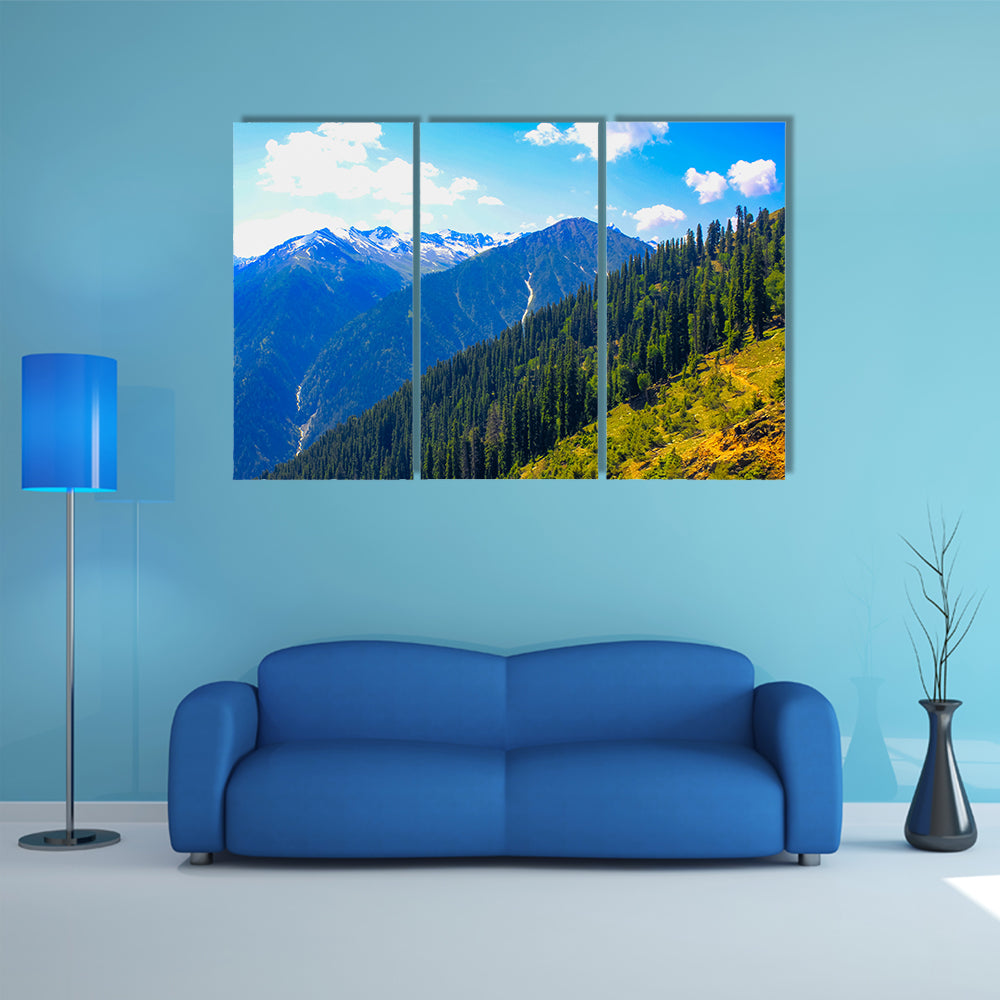 A beautiful view of Mountain valley covered pine forest multi panel canvas wall art