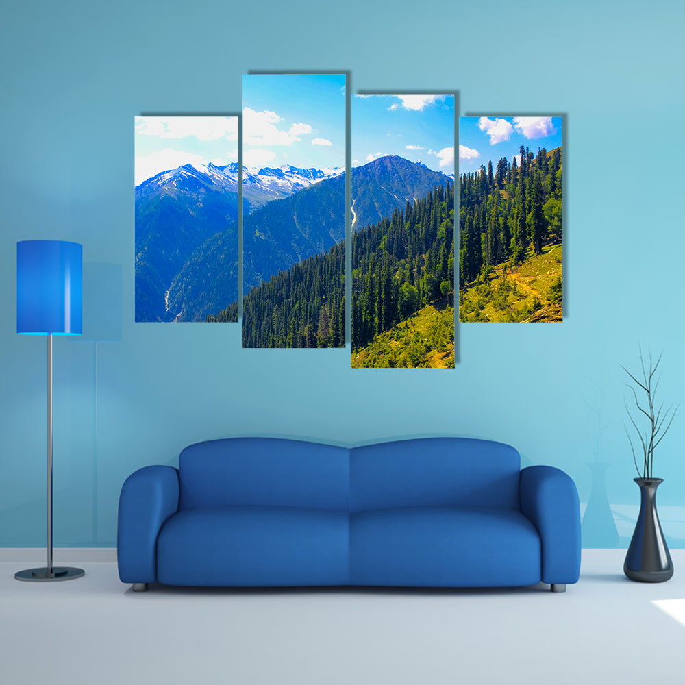 A beautiful view of Mountain valley covered pine forest multi panel canvas wall art