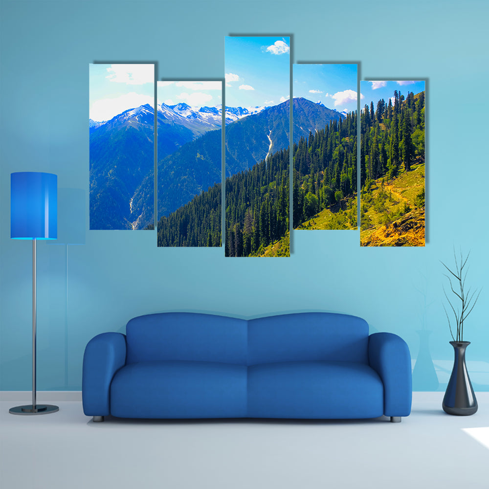 A beautiful view of Mountain valley covered pine forest multi panel canvas wall art