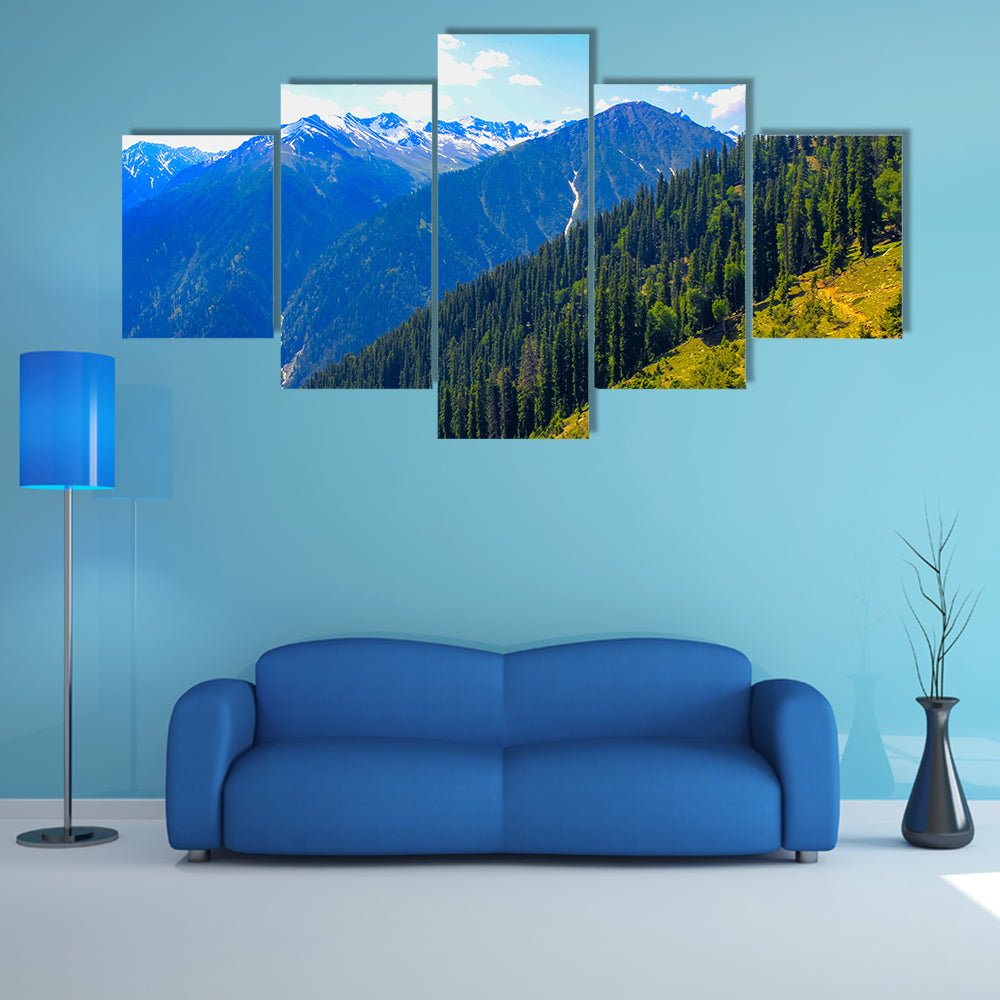 A beautiful view of Mountain valley covered pine forest multi panel canvas wall art