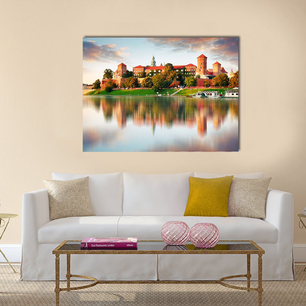 Wawel hill with castle in pink light Multi panel canvas wall art