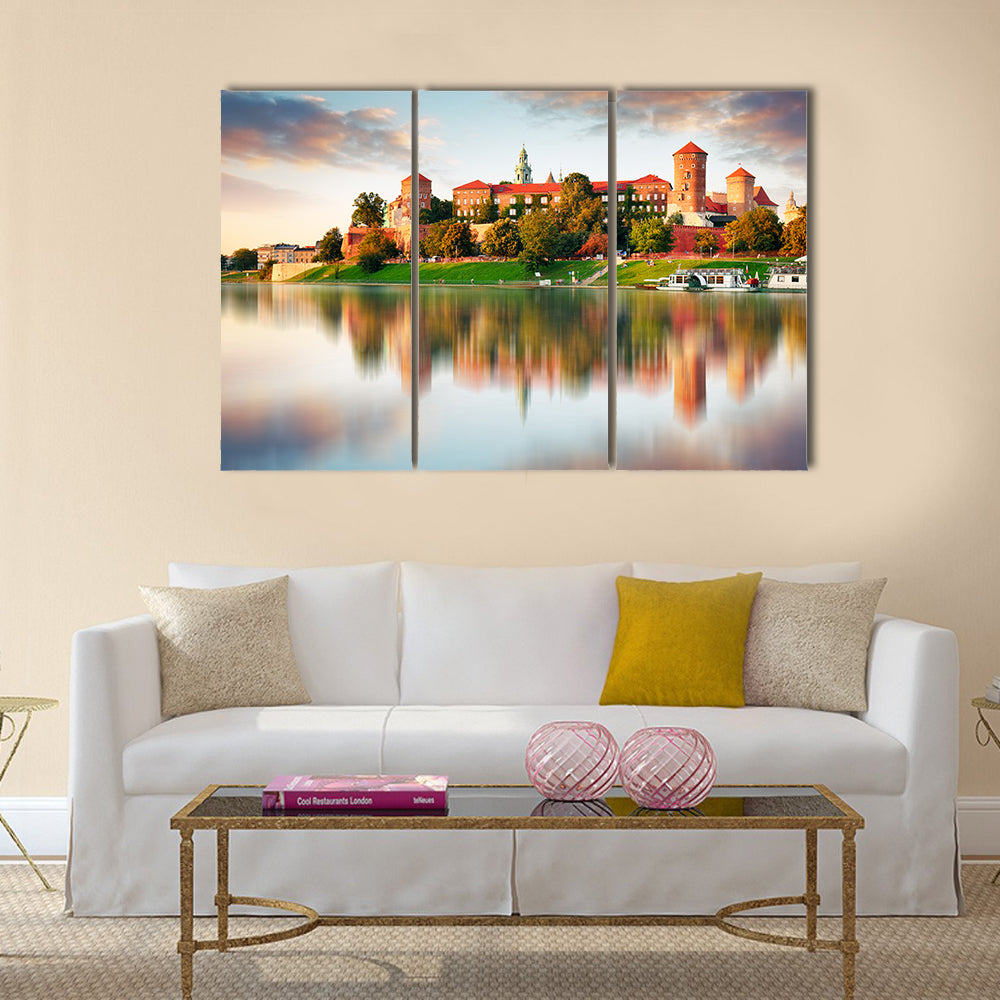 Wawel hill with castle in pink light Multi panel canvas wall art