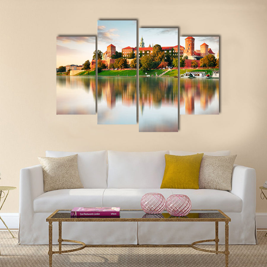Wawel hill with castle in pink light Multi panel canvas wall art