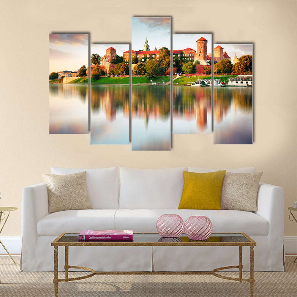 Wawel hill with castle in pink light Multi panel canvas wall art