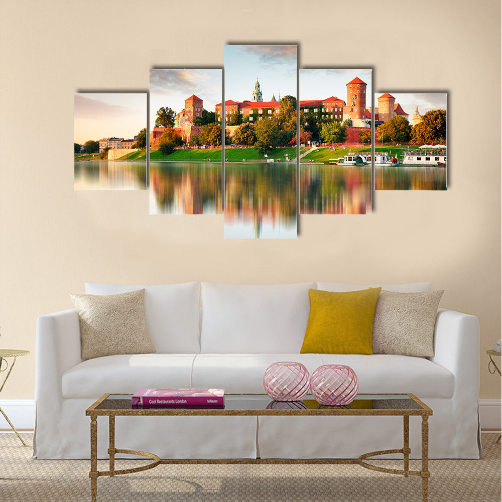 Wawel hill with castle in pink light Multi panel canvas wall art