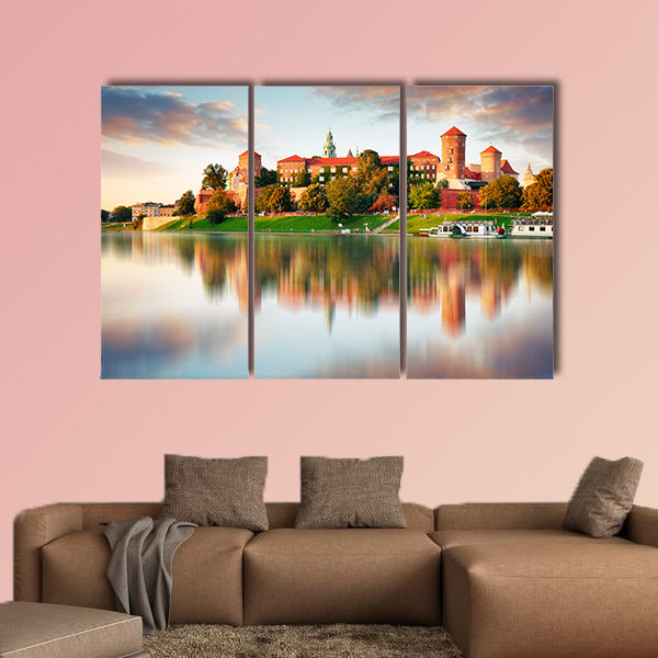 Wawel hill with castle in pink light of sunset multi panel canvas wall art