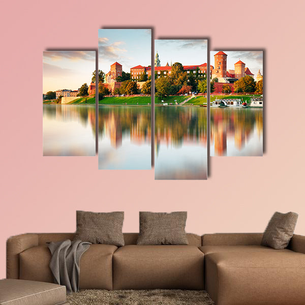 Wawel hill with castle in pink light of sunset multi panel canvas wall art