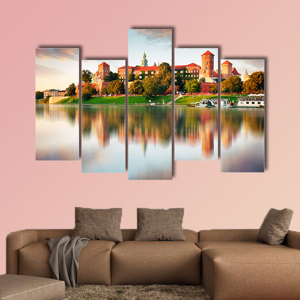 Wawel hill with castle in pink light of sunset multi panel canvas wall art