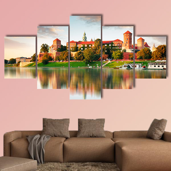 Wawel hill with castle in pink light of sunset multi panel canvas wall art