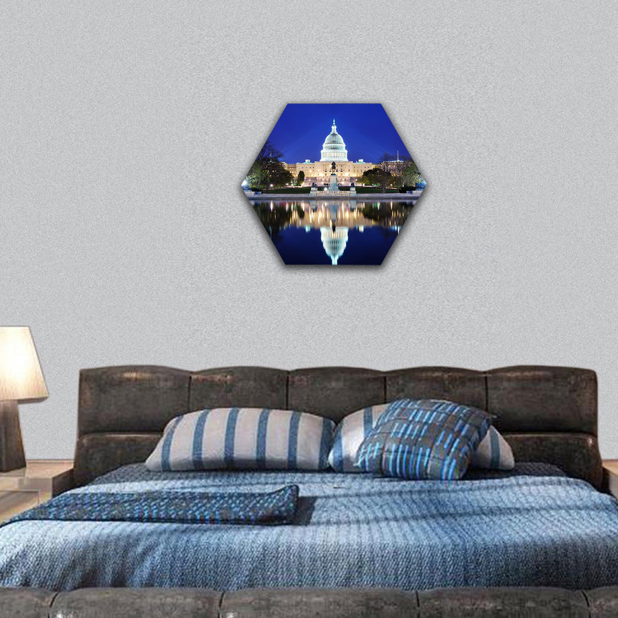 Hill Building at dusk with lake and blue sky, Washington hexagonal canvas wall art