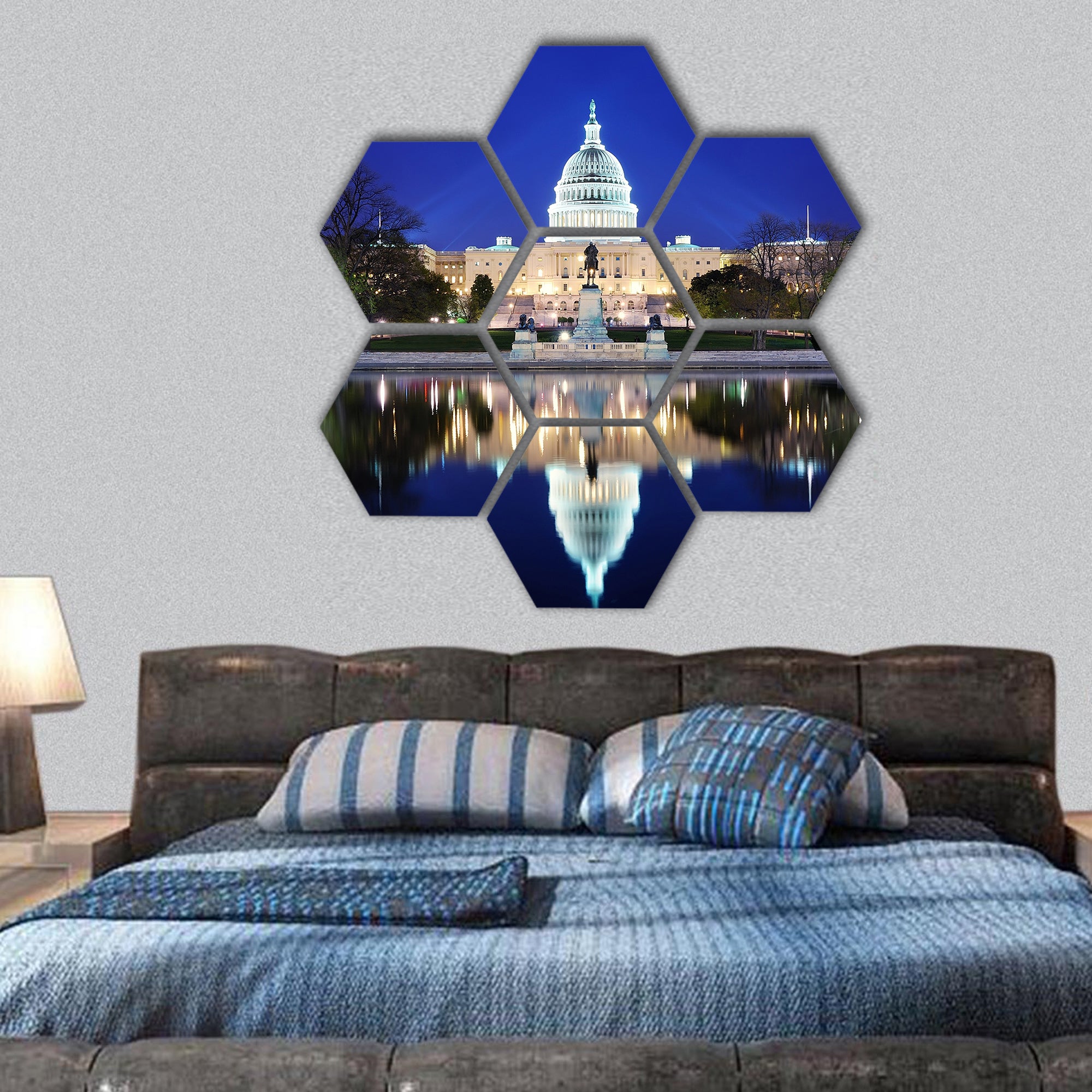 Hill Building at dusk with lake and blue sky, Washington hexagonal canvas wall art