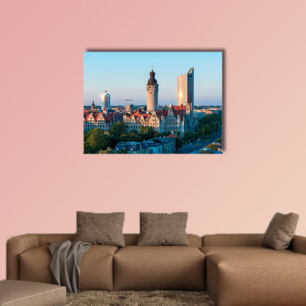 Skyline of Leipzig with town hall at sunset, Germany multi panel canvas wall art