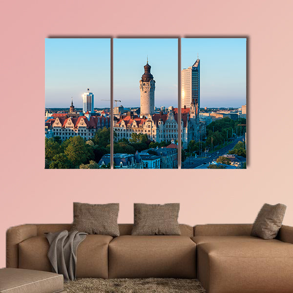 Skyline of Leipzig with town hall at sunset, Germany multi panel canvas wall art