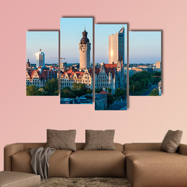 Skyline of Leipzig with town hall at sunset, Germany multi panel canvas wall art
