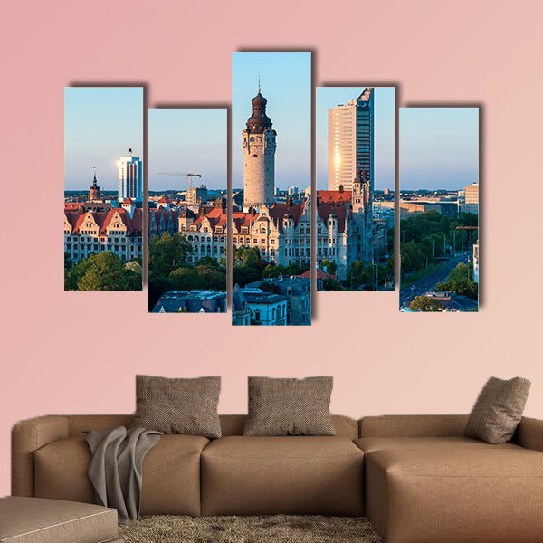 Skyline of Leipzig with town hall at sunset, Germany multi panel canvas wall art