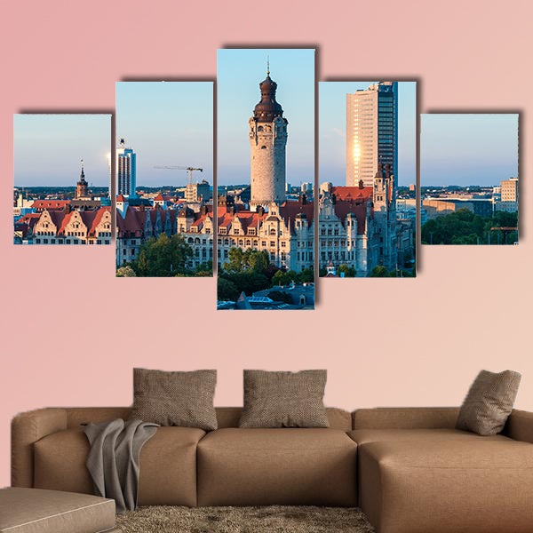 Skyline of Leipzig with town hall at sunset, Germany multi panel canvas wall art