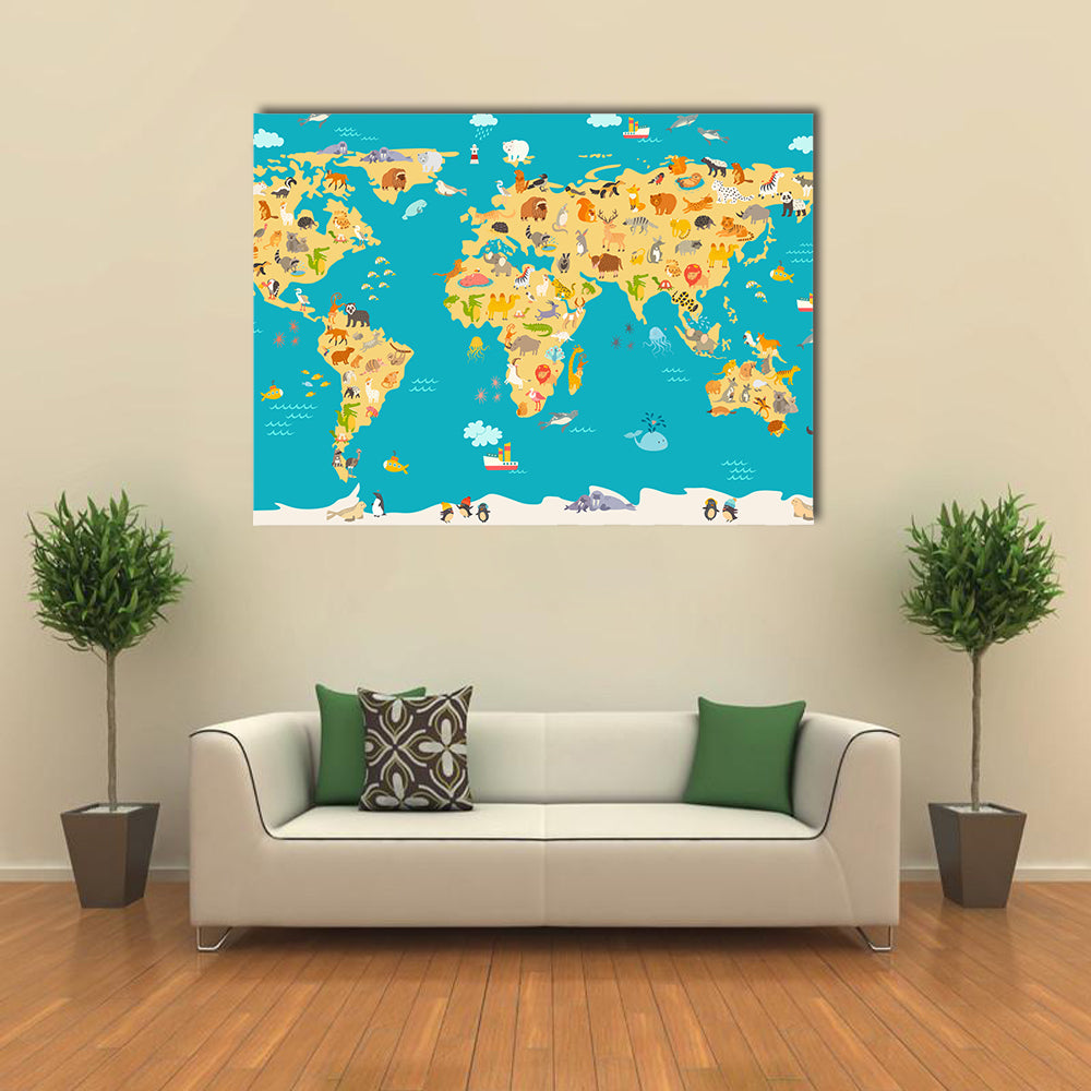Animal map for kids multi panel canvas wall art