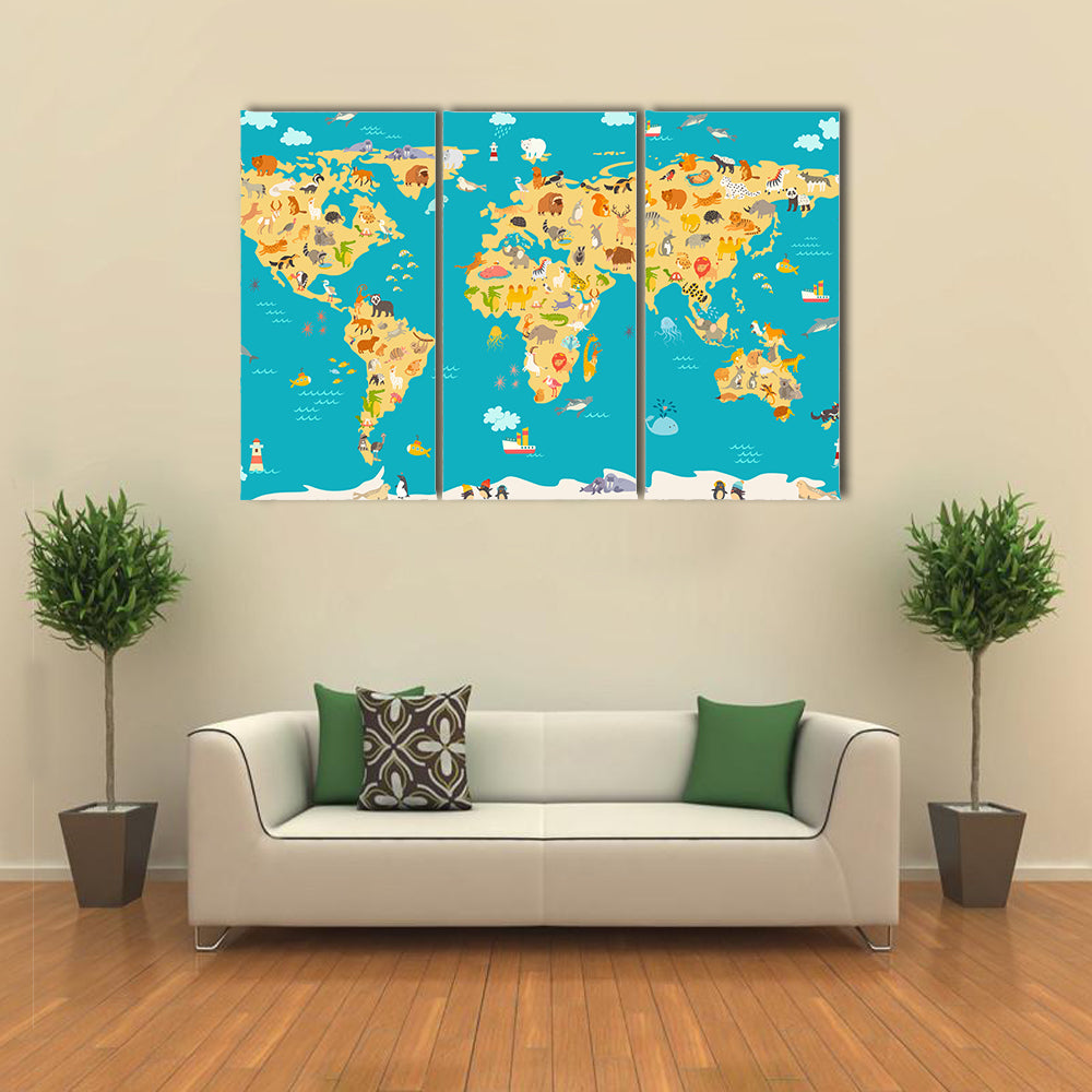 Animal map for kids multi panel canvas wall art