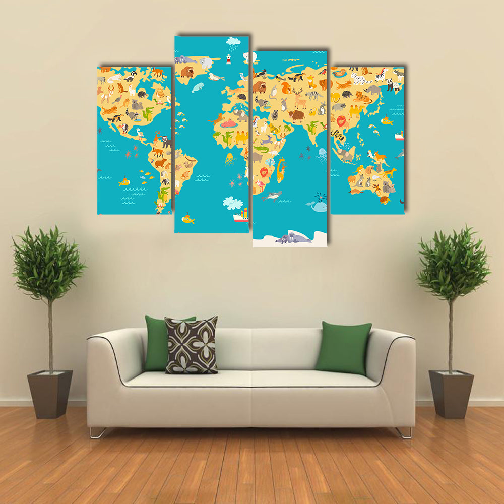 Animal map for kids multi panel canvas wall art