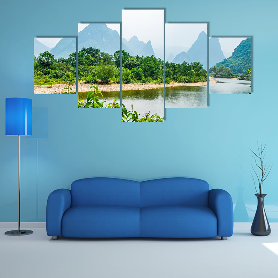 The river and karsts Mountains background scenery in summer multi panel canvas wall art