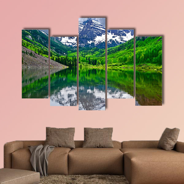 Mountain peak reflection in calm lake. Maroon Bells near wall art