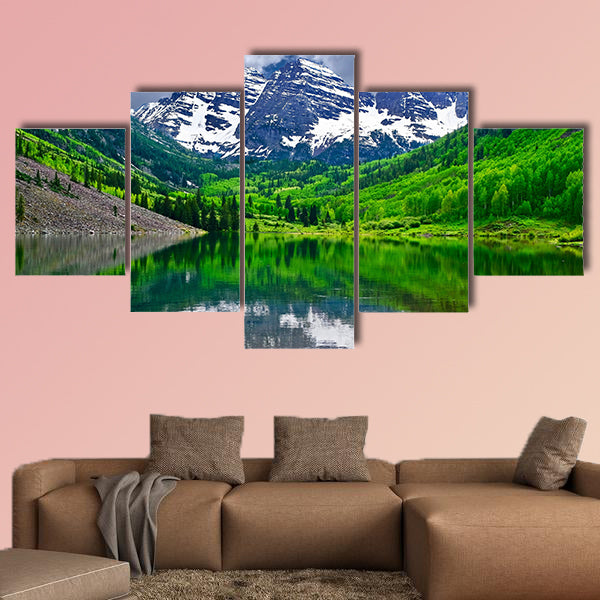 Mountain peak reflection in calm lake. Maroon Bells near wall art
