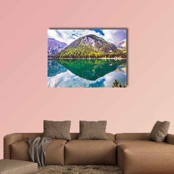 Emerald expanse of water reflects the surrounding canvas wall art