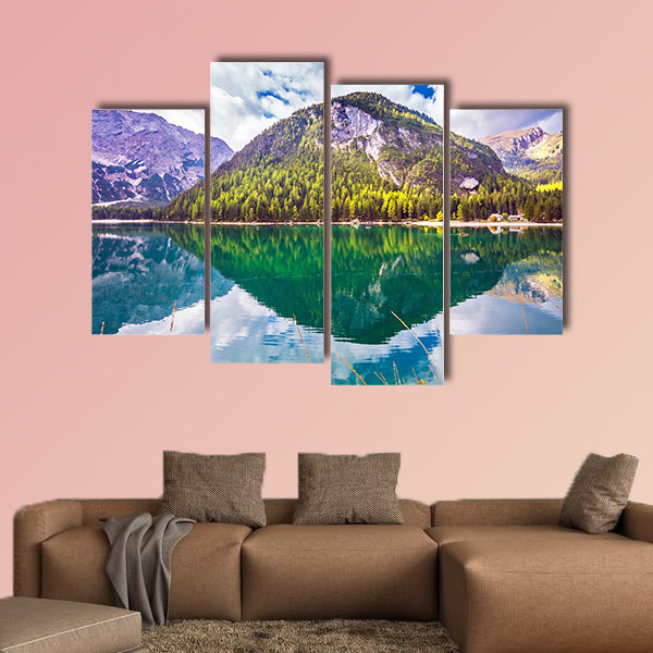 Emerald expanse of water reflects the surrounding canvas wall art