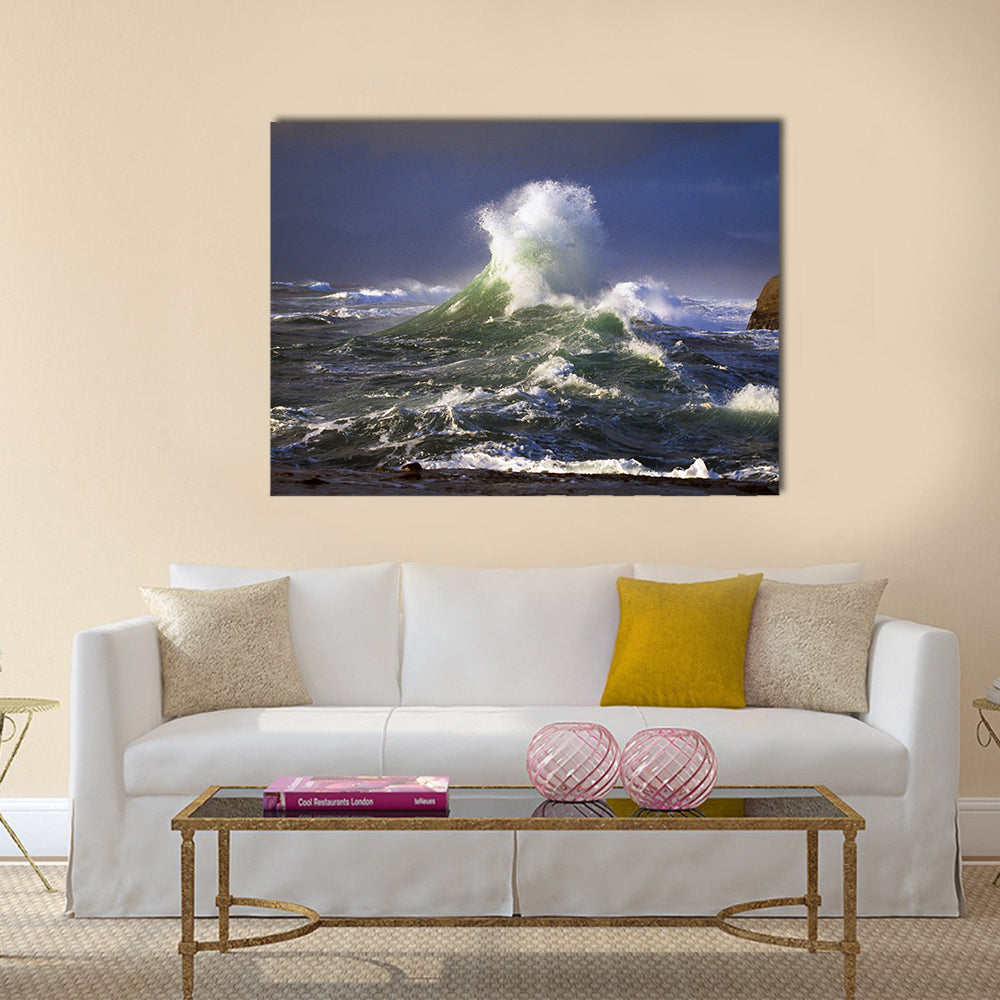 Wave crashing, distant storm, Cape Kiwanda Multi Panel Canvas Wall Art
